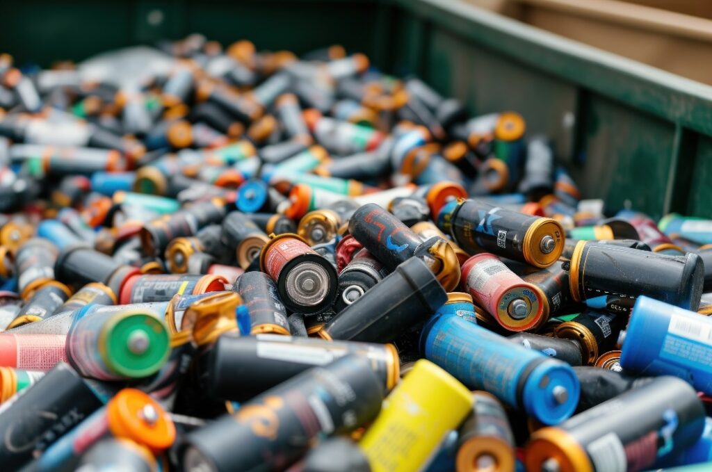 «Le batterie domestiche usate raccolte in un contenitore per il riciclaggio» – sottolinea l'importanza di uno smaltimento corretto delle batterie.