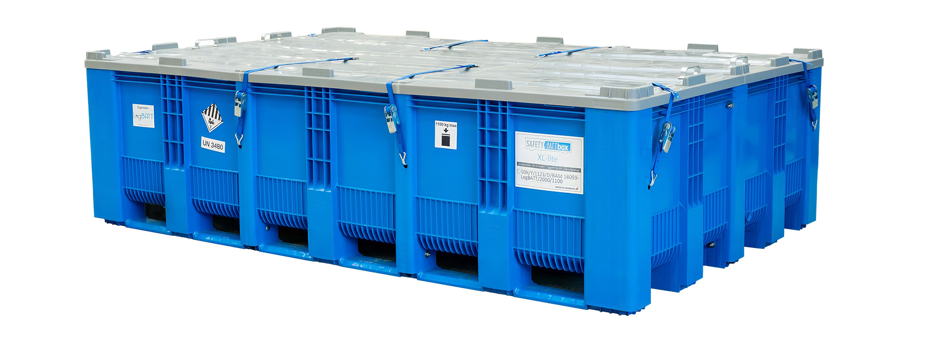 Cassa di plastica blu con coperchio grigio, rinforzata con chiusure.