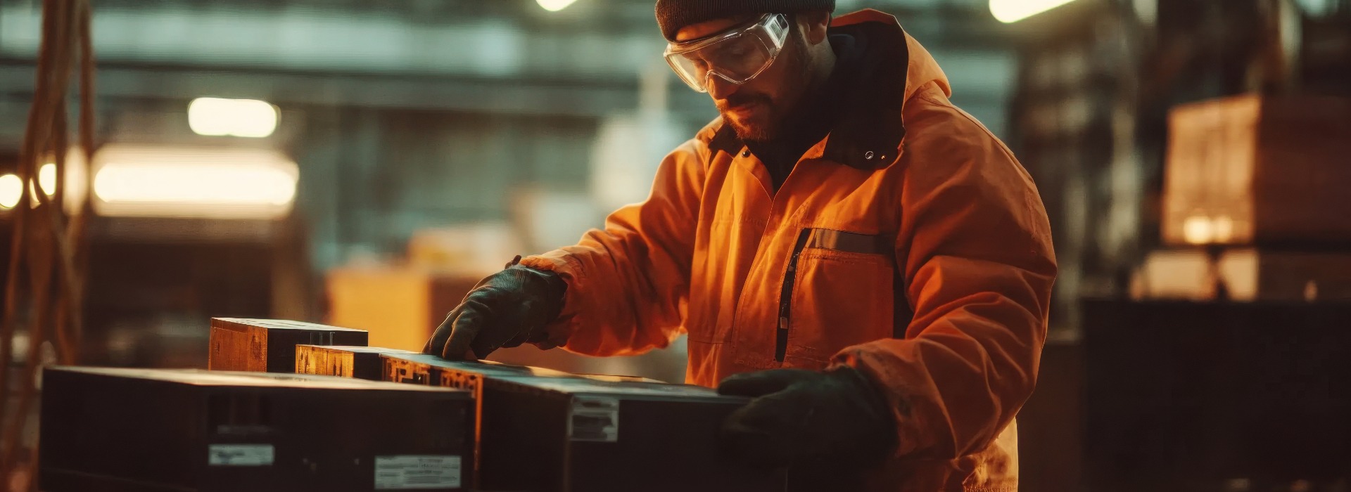 Un operaio con un giubbotto di sicurezza arancione mentre maneggia con cura delle batterie agli ioni di litio in un magazzino: un esempio di sicurezza e attenzione