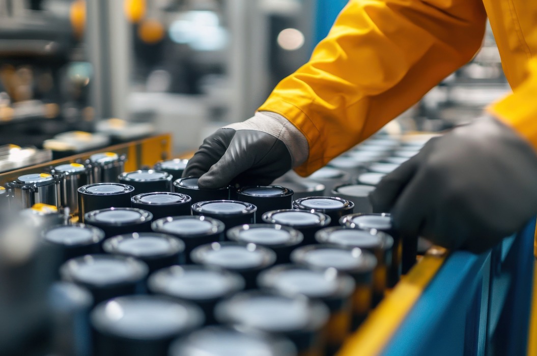 Batteria al litio, operai di fabbrica impegnati nella movimentazione di componenti cilindrici durante il processo di produzione