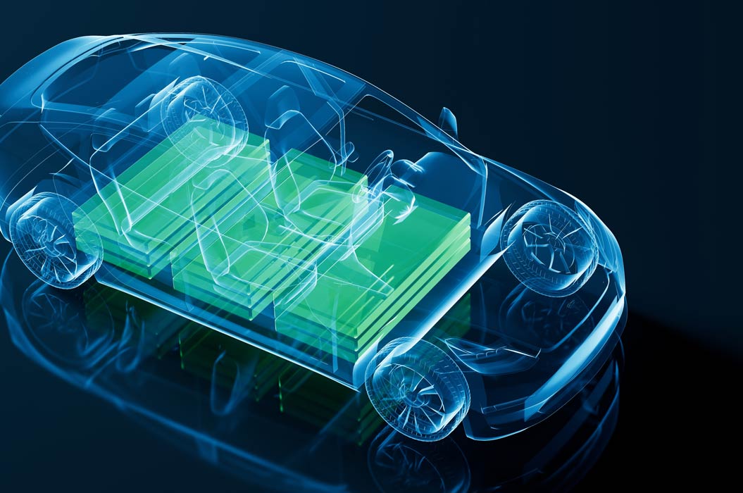 Rappresentazione trasparente del veicolo con batterie agli ioni di litio verdi visibili.