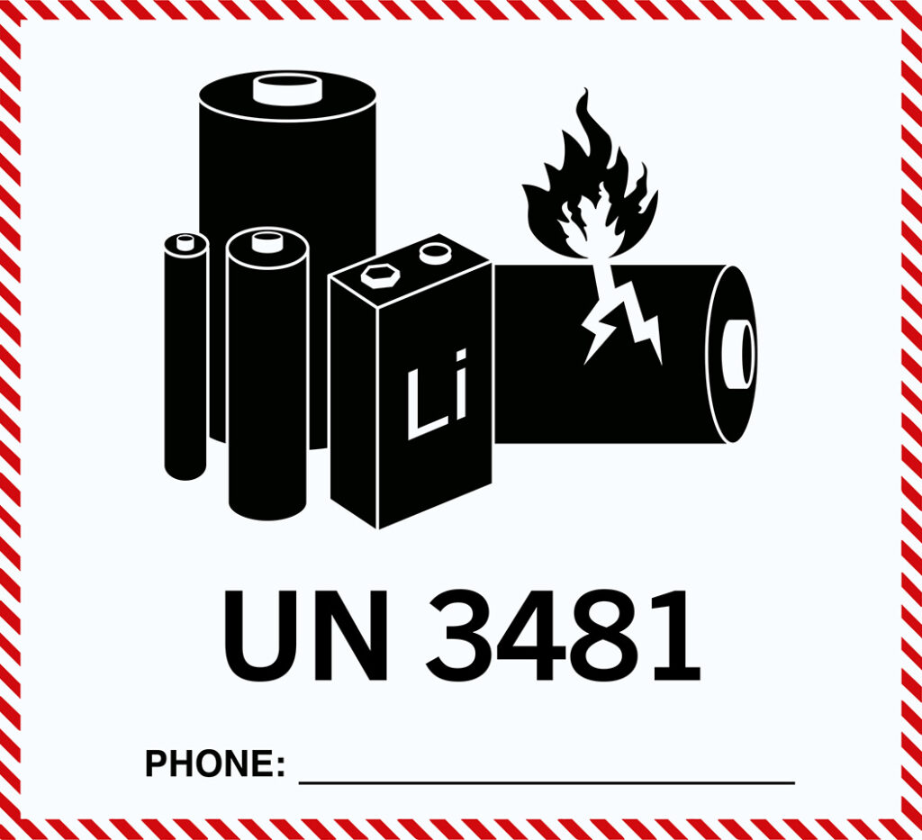 Batterie nere con il simbolo della fiamma e del fulmine accanto alla dicitura «UN 3481» su sfondo bianco